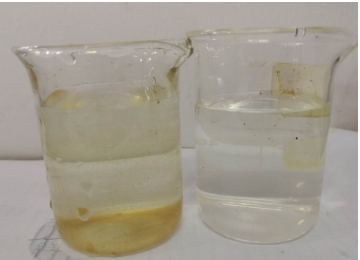 Appearance of raw water (left) and adsorbed effluent (right)