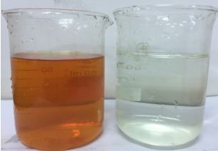 Appearance of raw water (left) and adsorbed effluent (right)