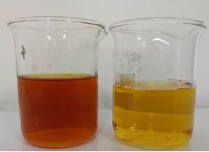 The left image shows raw water, and the right image shows adsorbed effluent