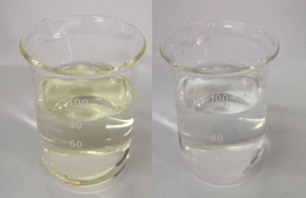 Photos of raw water (left) and effluent (right)