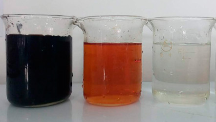 Appearance of Raw Water (left), Pre treated Water (middle), and Adsorbed Water (right)