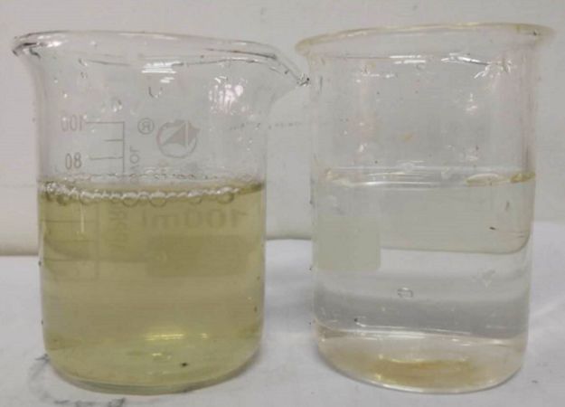 Phosphorus containing raw water (left) and treated effluent (right)