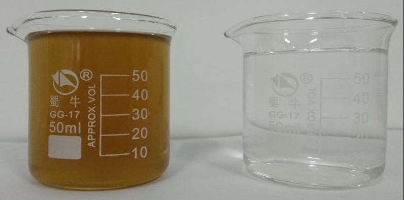 Appearance of raw water (left) and treated effluent (right)