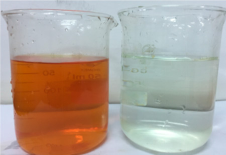 Processing rendering, from left to right are raw water and adsorbed effluent, respectively