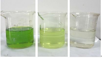 Treatment effect diagram (including raw water, copper removal effluent, and organic matter removal effluent in sequence)