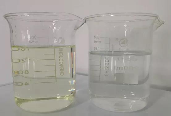 Appearance of raw water (left) and adsorbed effluent (right)